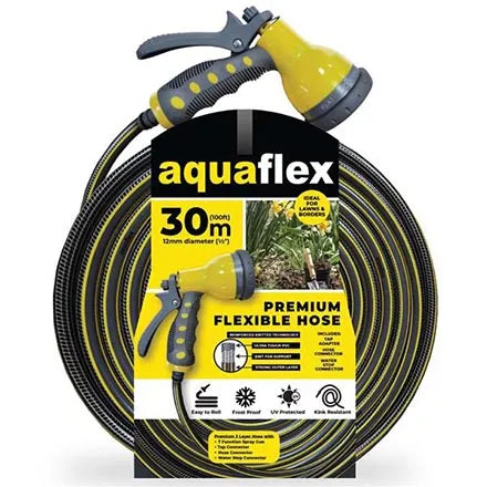 AquaFlex Premium Garden Hose 30m with 7 Function Gun and Fittings