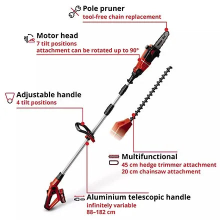 Einhell Power X-Change 18V Cordless High Reach Hedge Trimmer with Pruner 