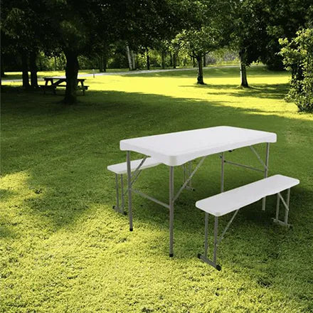 Folding Table and Two Benches White
