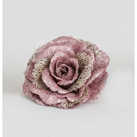 Pink Glitter Rose with Clip - 18cm