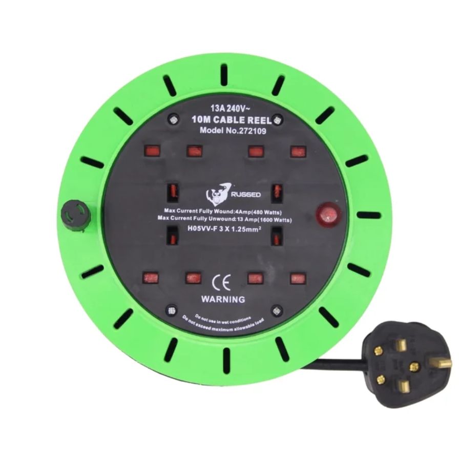 Rugged 10 Metre 10A 4 Socket Cable Reel