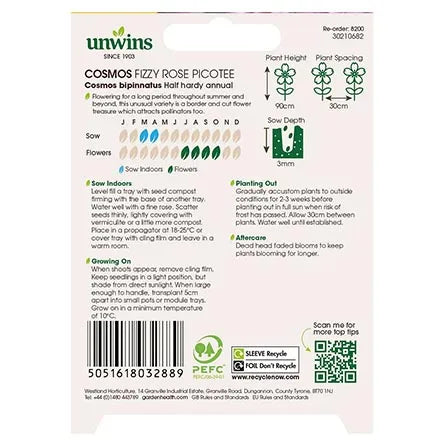 Unwins Cosmos Fizzy Rose Picotee Seeds
