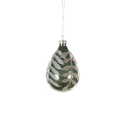 Light Green Glass Drop-Glitter Leaves Bauble 7cm