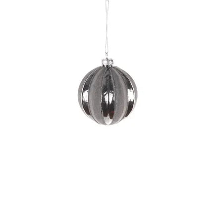 Glass Grey and Silver Ribbed Bauble 8cm